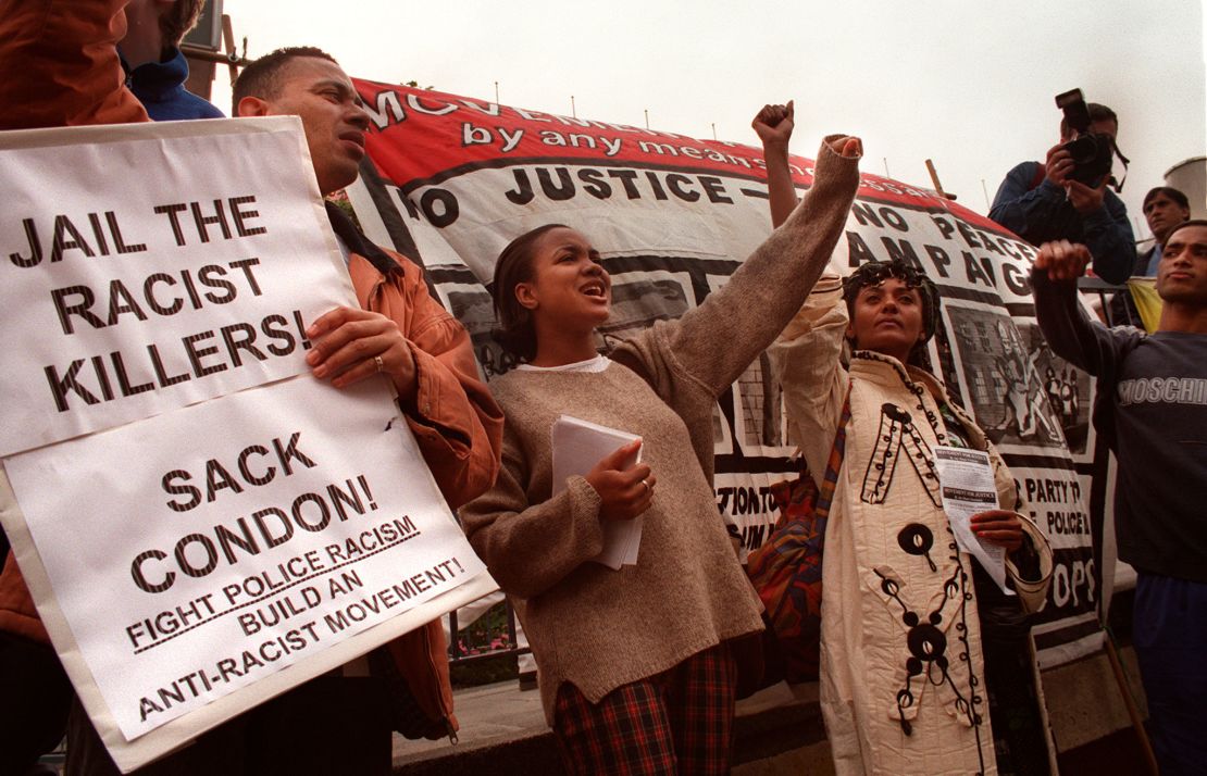 Protesters demonstrate outside the Lawrence inquiry  in south London in June 1998.