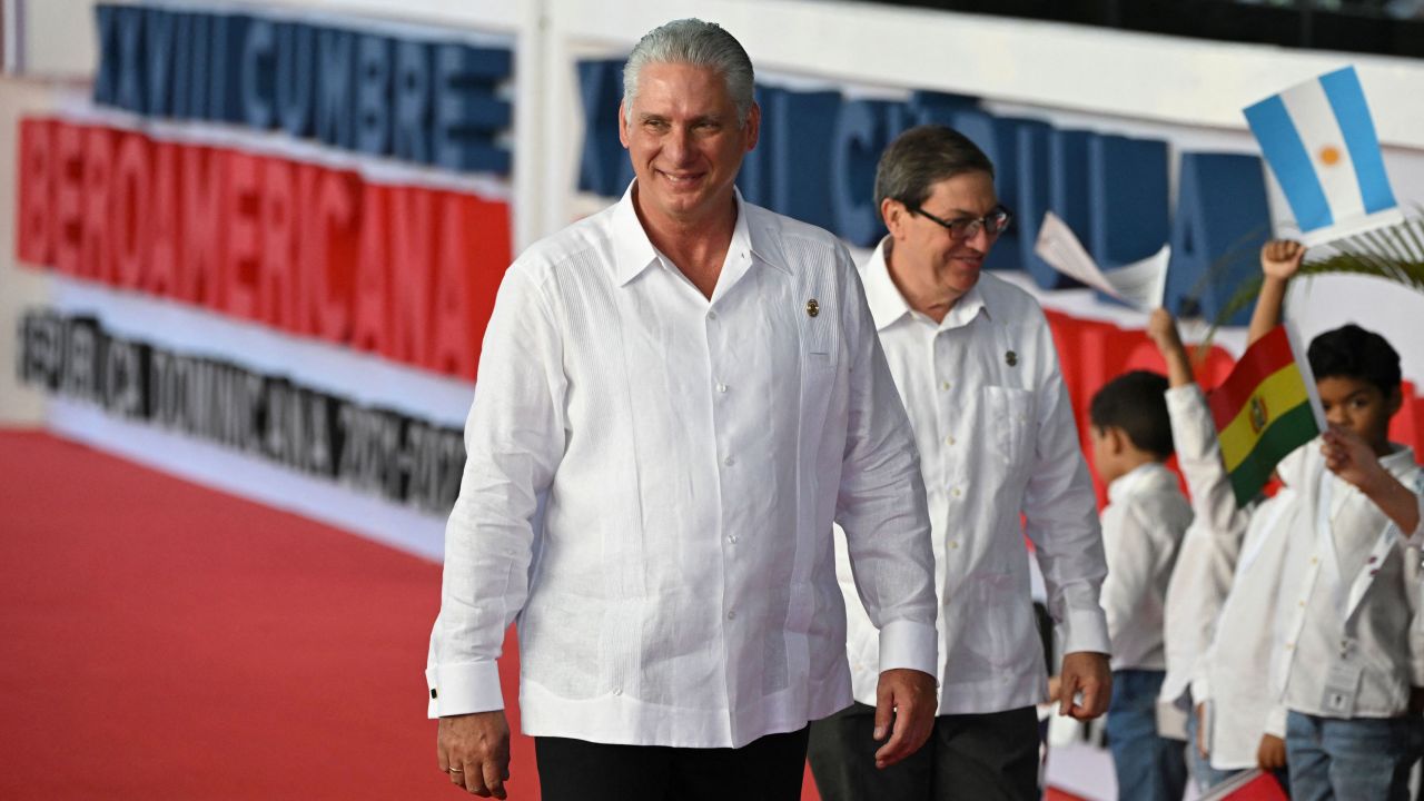 Cuban President Miguel Diaz-Canel (L) and Foreign Minister Bruno Rodriguez arrive for the plenary session of the XXVIII Ibero-American Summit of Heads of State and Government at the Dominican Foreign Ministry building in Santo Domingo, on March 25, 2023. (Photo by Federico Parra / AFP) (Photo by FEDERICO PARRA/AFP via Getty Images)