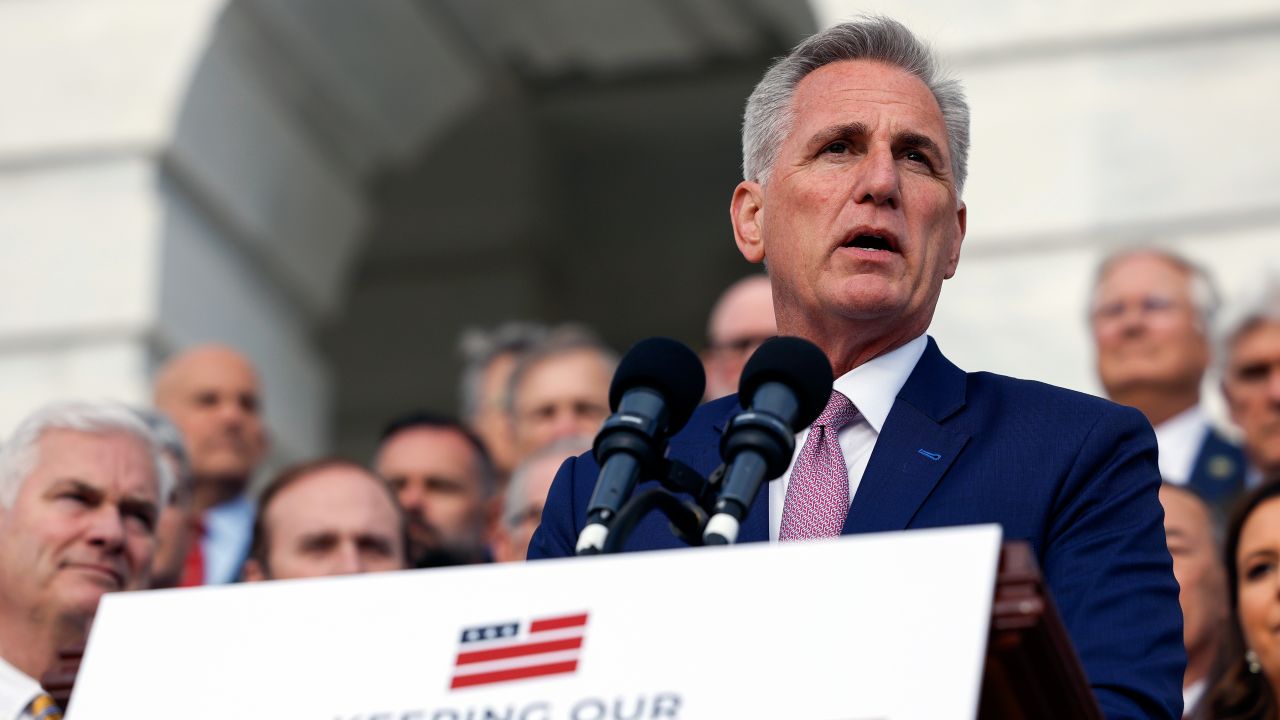 House Speaker Kevin McCarthy speaks at an event celebrating 100 days of House Republican rule at the Capitol Building April 17 in Washington, DC.