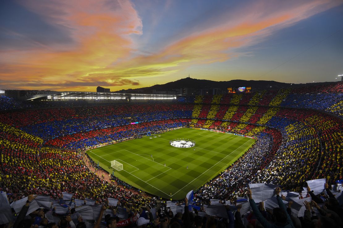 A general view of the tifo display before the UEFA Champions League semifinal first-leg match between Barcelona and Liverpool at the Nou Camp on May 01, 2019 in Barcelona, Spain.
