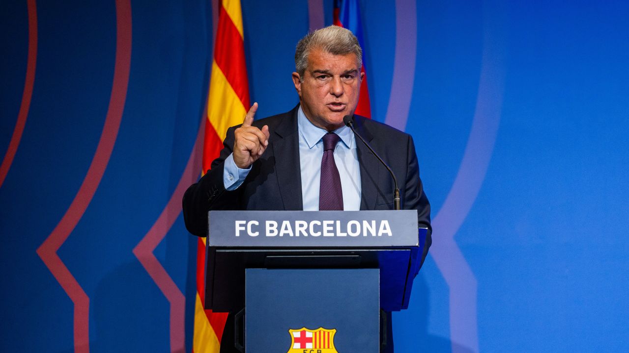 Joan Laporta, president of FC Barcelona, attends a press conference about 'Caso Negreira' at Spotify Camp Nou stadium on April 17, 2023, in Barcelona, Spain.