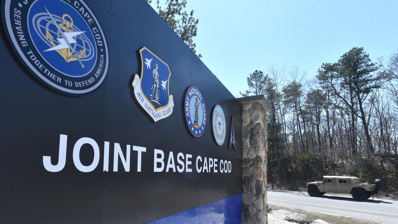 A military vehicle heads toward Joint Base Cape Cod, home of the 102nd Intelligence Wing and Otis Air National Guard Base, in Hyannis, Massachusetts, U.S. April 13, 2023.  