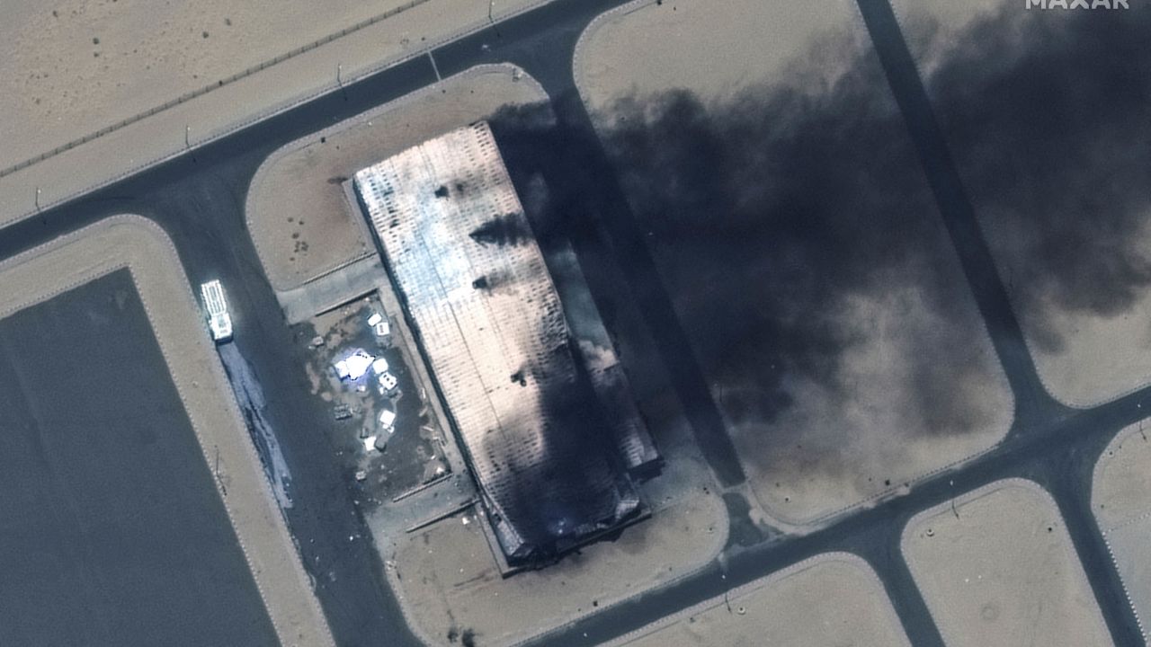 A satellite image shows a burning building at the Merowe Airbase on April 18.