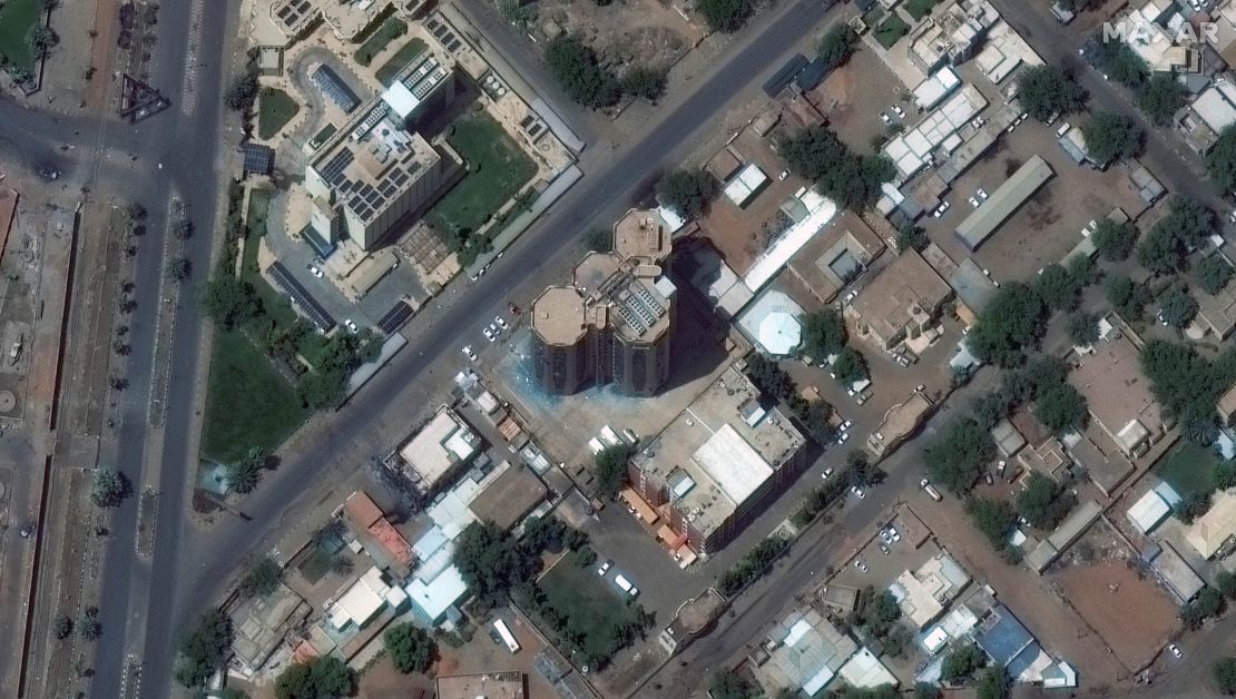 A satellite image shows a damaged hospital in Khartoum on April 17.