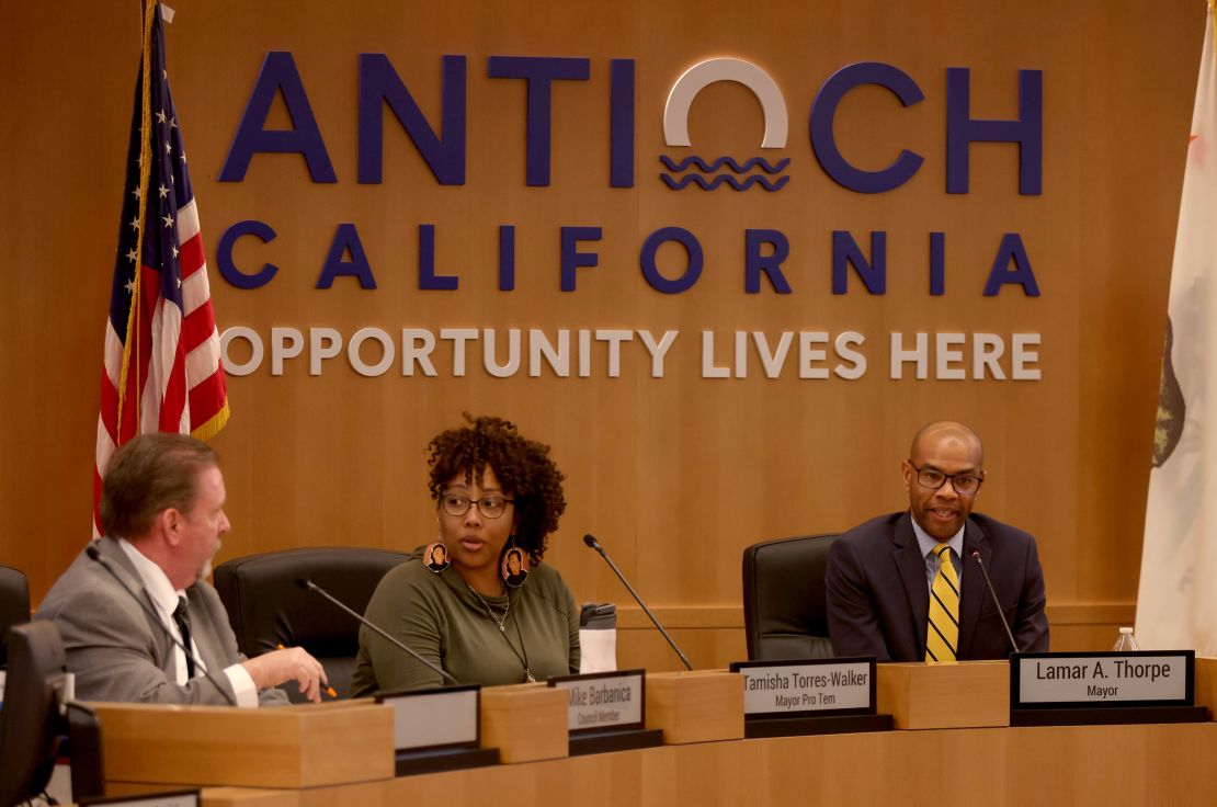 Antioch Mayor Lamar Thorpe and others attend a special city council meeting at City Hall on Tuesday.