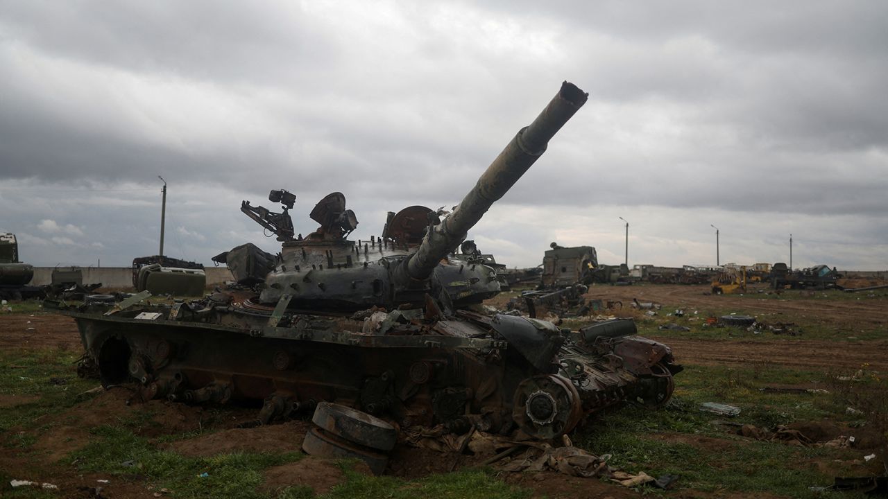 A destroyed Russian tank is seen at a compound of an international airport after Russia's retreat from Kherson, in Chornobaivka, outside of Kherson, Ukraine, on November 16, 2022.