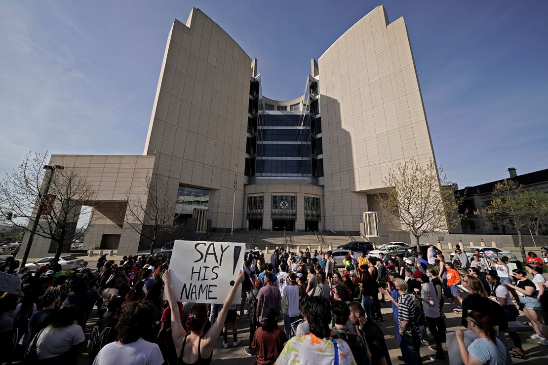 People gather at a rally to support Ralph Yarl on Tuesday, April 18, across from the United States Courthouse in Kansas City, Missouri.