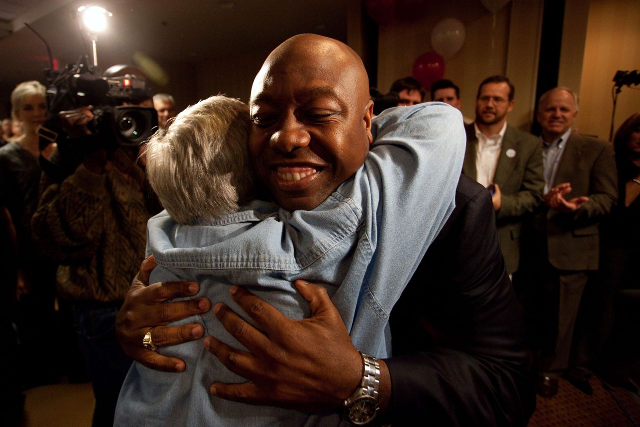 Scott celebrates after he defeated Democrat Ben Frasier to win a US House seat in November 2010. With his victory, Scott became the first Black Republican from South Carolina to be elected to Congress since Reconstruction.