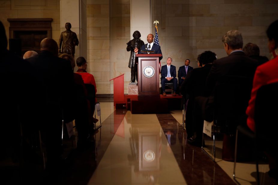 Scott speaks at a Capitol Hill event honoring the bicentennial of Frederick Douglass' birth in February 2018. Douglass, born into slavery, became an abolitionist and one of the leading social reformers of his time.