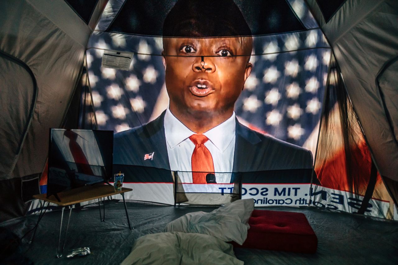 An image of Scott is projected onto a home in Rochester, New York, as Scott speaks during the Republican National Convention in August 2020. The convention was virtual because of the Covid-19 pandemic.