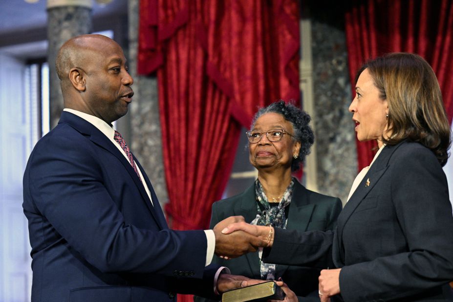 Scott is ceremonially sworn into office by Vice President Kamala Harris in January 2023. Scott's mother, Frances, is holding the Bible. When Scott announced an exploratory committee in April 2023, he emphasized his evangelical faith, his race and his experience growing up as the son of a single mother.