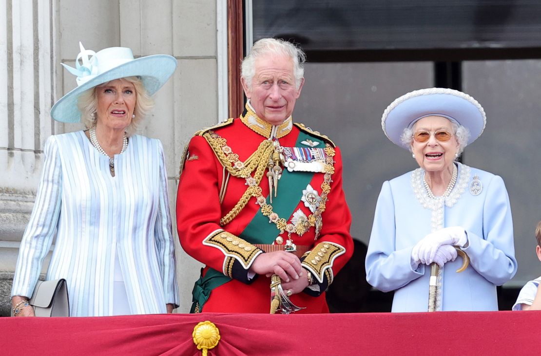 Camilla stands alongside Prince Charles and Queen Elizabeth II on the balcony of Buckingham Palace, during the Trooping the Colour ceremony, as part of the Queen's Platinum Jubilee celebrations on June 2, 2022.