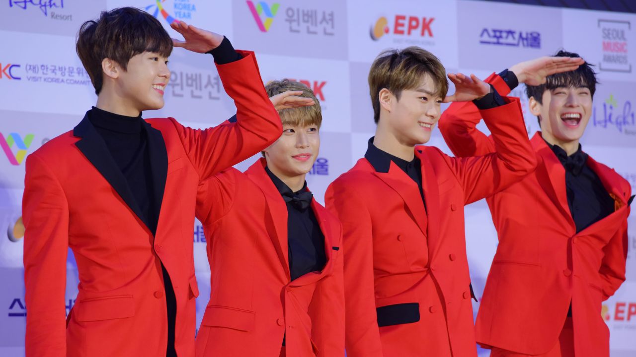 Members of K-pop band Astro, Yoon San-Ha, MJ, Moon Bin, Cha Eun-Woo, attend the 26th High1 Seoul Music Awards at Jamsil Arena on January 19, 2017.