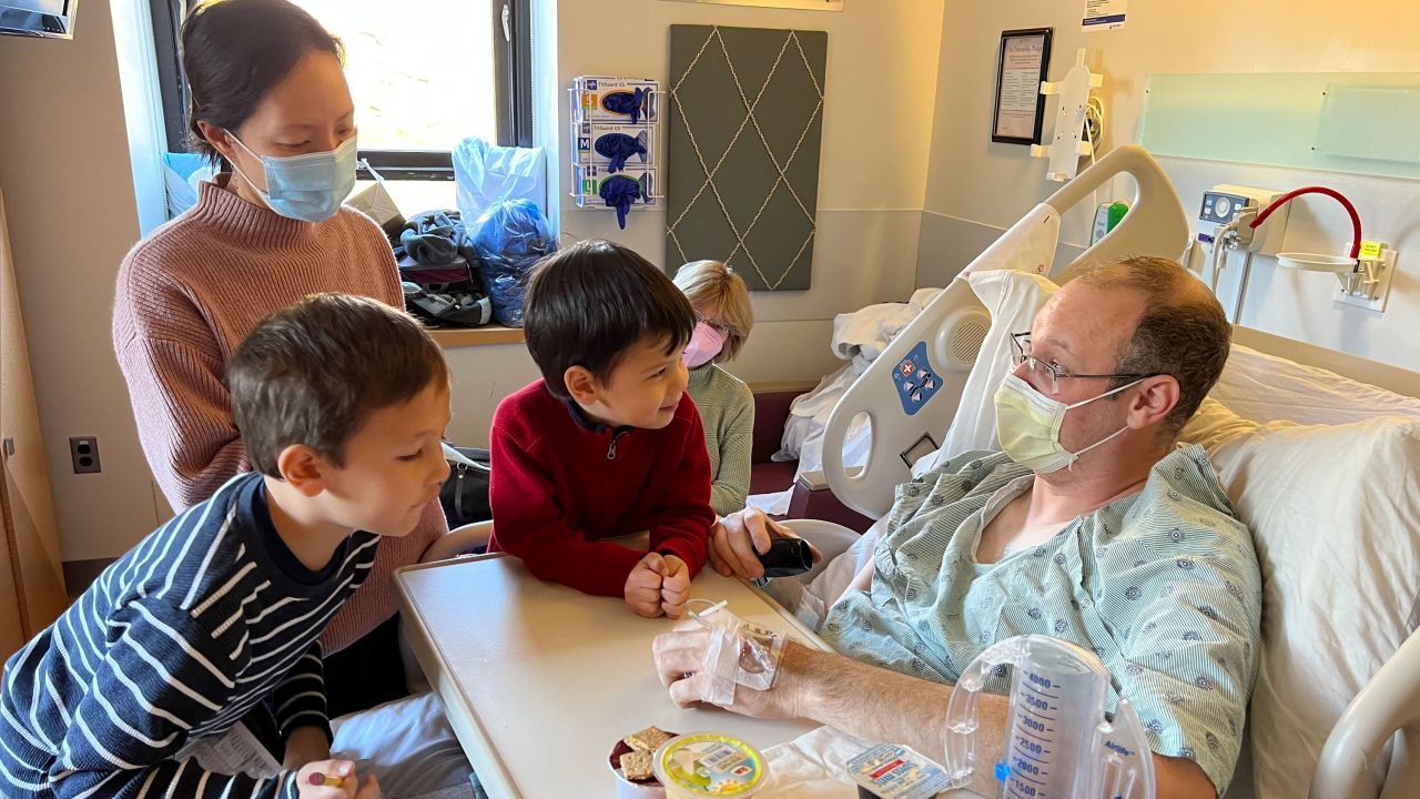 Paul O' Rourke's sons, wife, and parents visit him during his inpatient stay at Johns Hopkins Hospital after his partial colectomy.