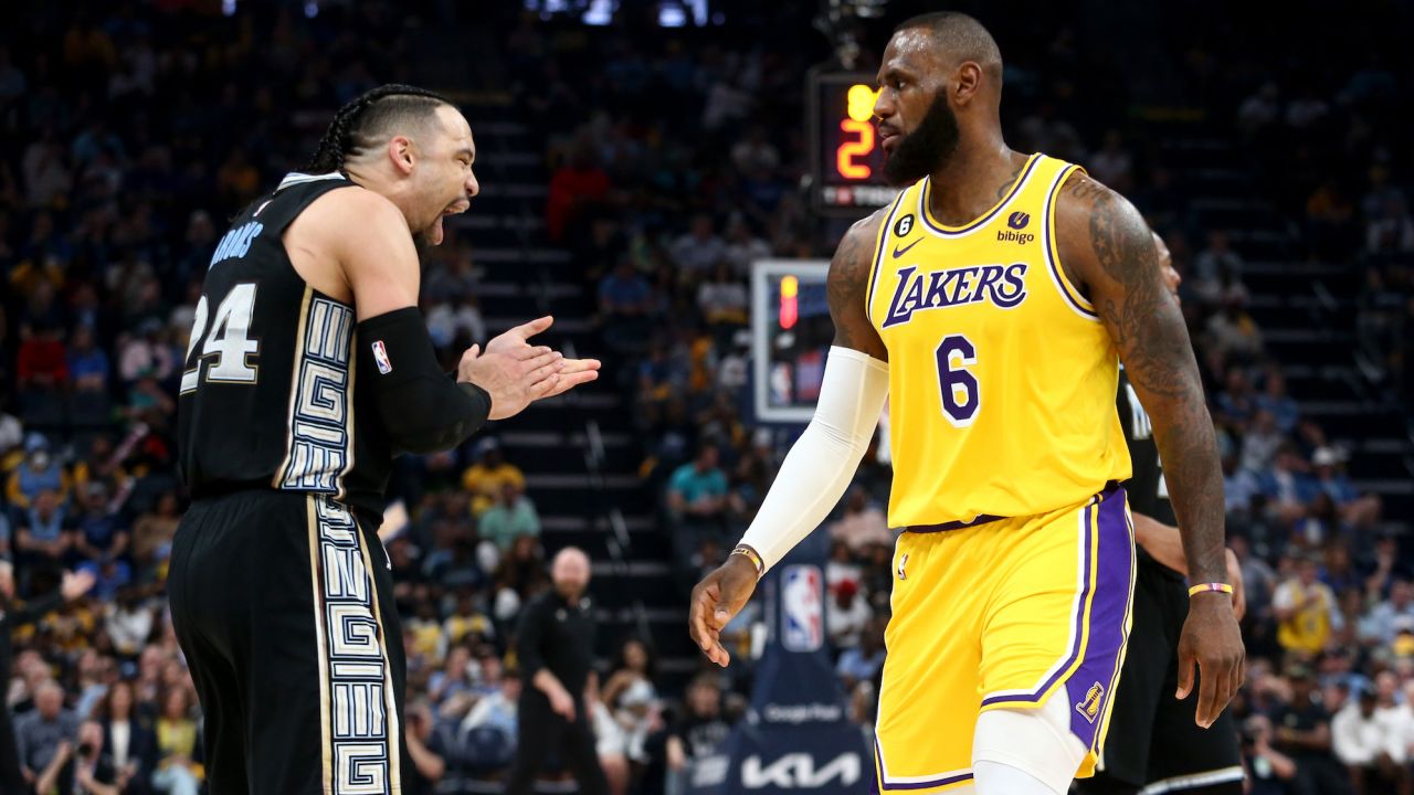 Memphis Grizzlies forward Dillon Brooks shouts toward Los Angeles Lakers forward LeBron James during the second half of Game 2.