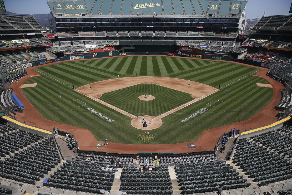 A general view of play between the Oakland Athletics and the Texas Rangers at Oakland-Alameda County Coliseum on August 6, 2020.