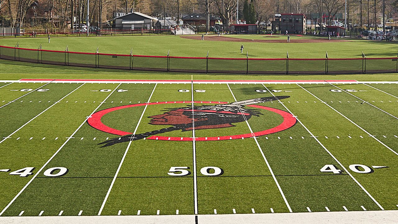 The Salamanca High School football field, featuring the school's Warrior mascot, in Salamanca, New York on  April 14, 2023. The New York Board of Regents has voted to bar school indigenous nicknames, logos and mascots like "the Warriors." 