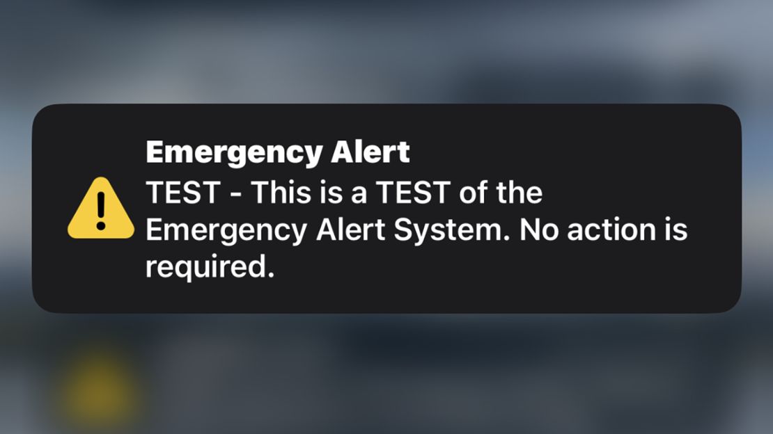 A screenshot shows an Emergency Alert System push notification received at 4:45am on Thursday, reading "TEST - This is a TEST of the Emergency Alert System. No action is required."