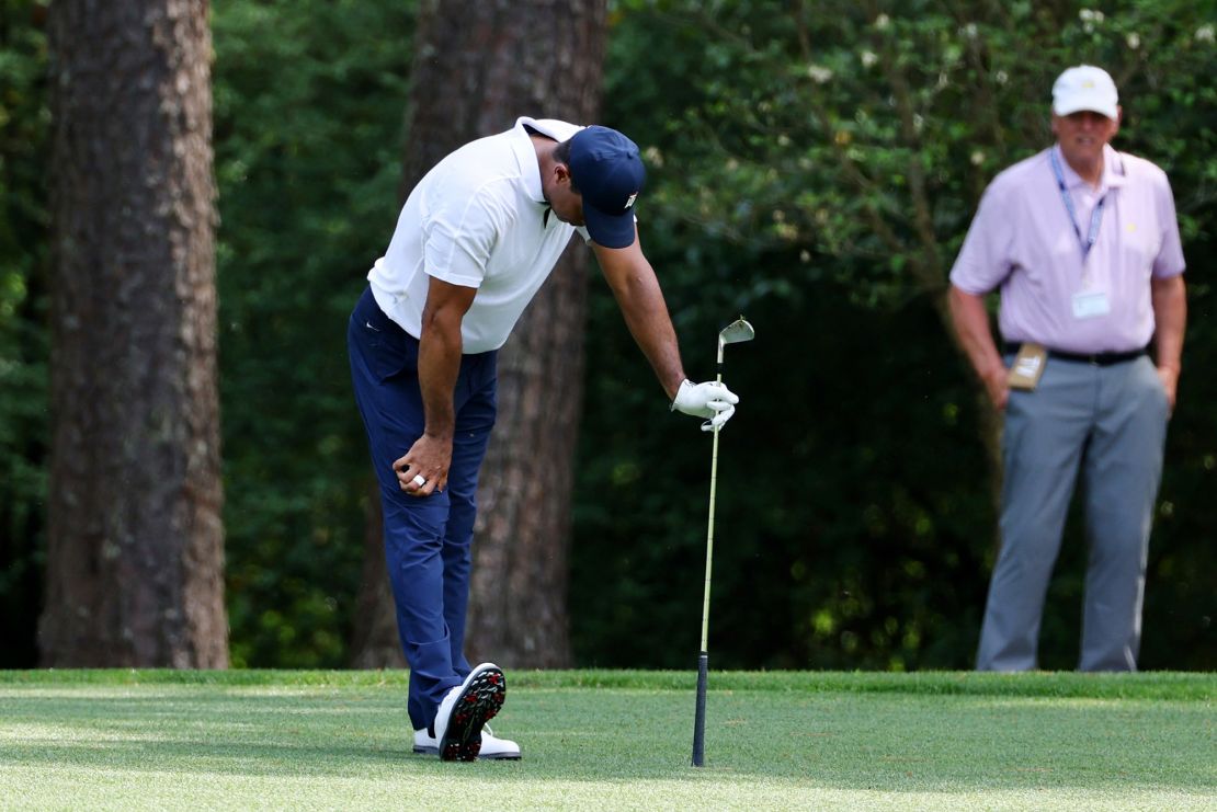 Golf - The Masters - Augusta National Golf Club - Augusta, Georgia, U.S. - April 6, 2023
Tiger Woods of the U.S. reacts after he hits his approach on the 11th hole during the first round REUTERS/Mike Blake