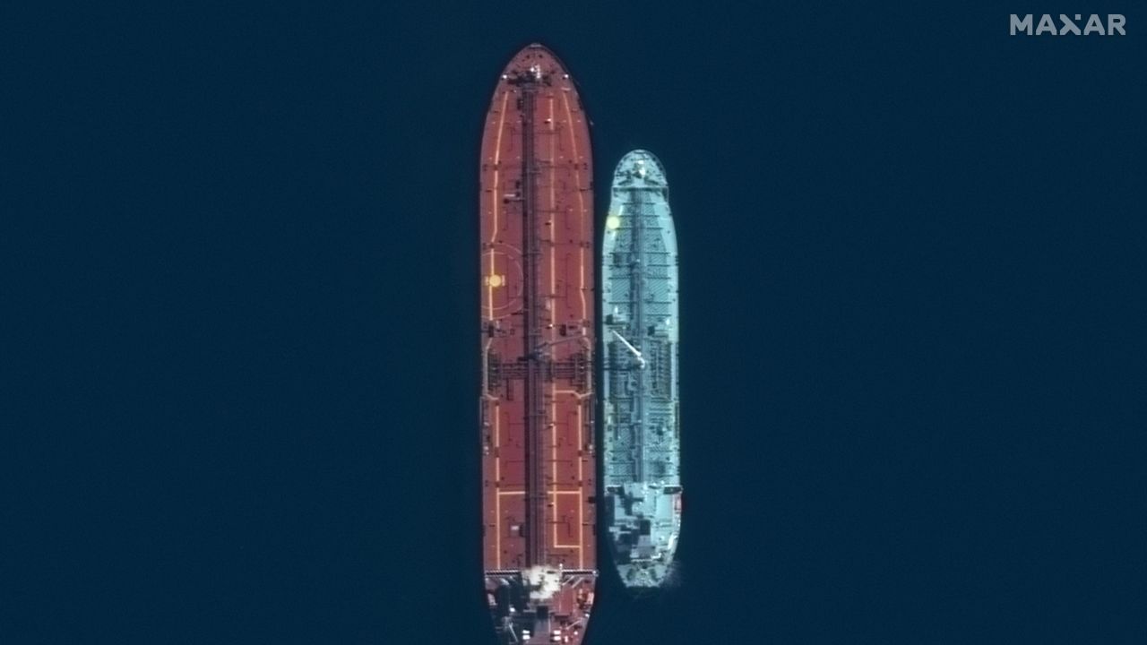A satellite image taken on March 20, 2023 shows two tankers conducting a ship-to-ship transfer of Russian fuel oil near the Bay of Lakonikos, according to Kpler. Transactions like these have surged in recent months, per data from S&P Global.