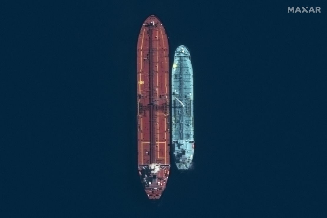 A satellite image taken on March 20, 2023 shows two tankers conducting a ship-to-ship transfer of Russian fuel oil near the Bay of Lakonikos, according to Kpler. Transactions like these have surged in recent months, per data from S&P Global.