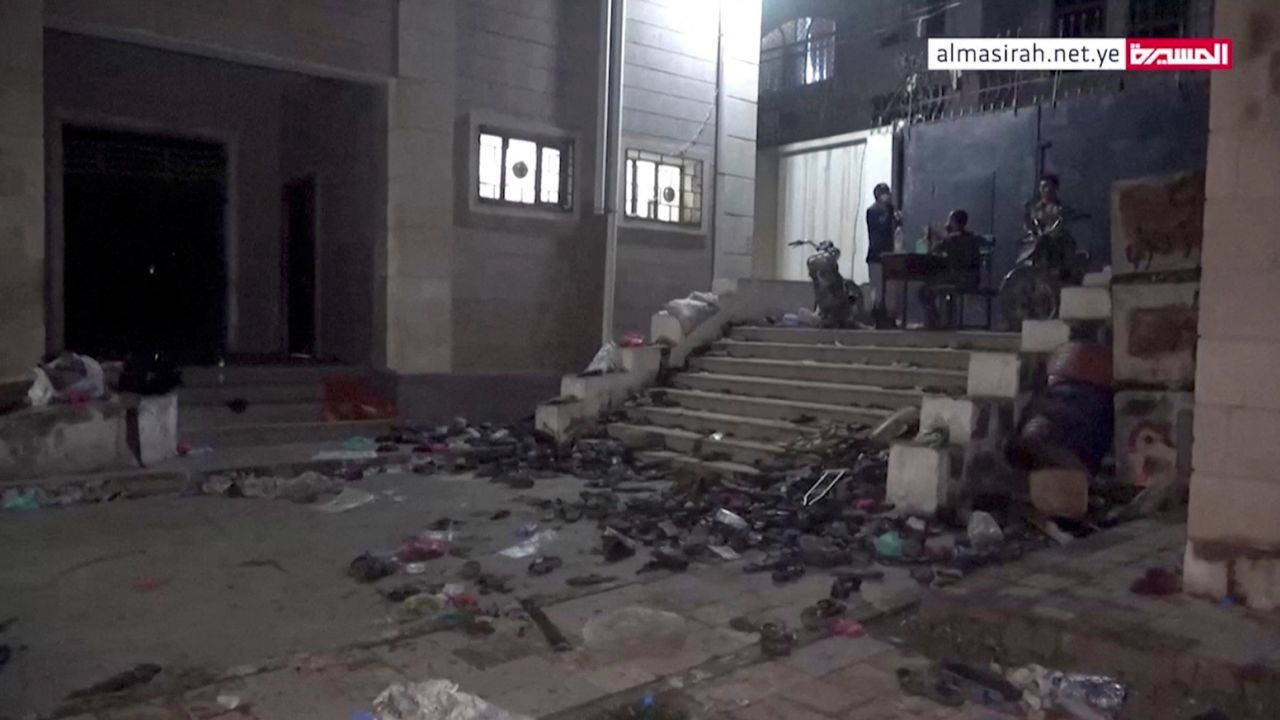 This screengrab shows abandoned footwear and other belongings lie on the ground after a stampede in Sanaa, Yemen, on April 19.