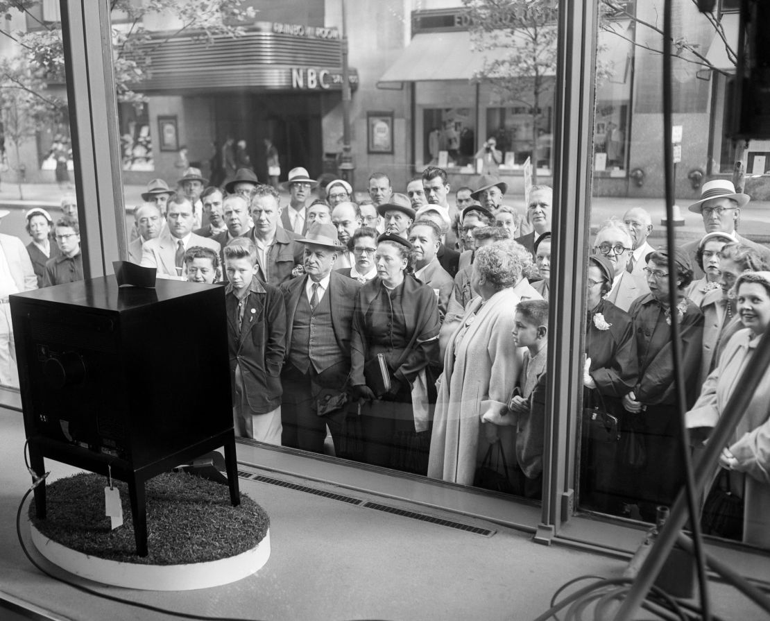 New Yorkers watching the coronation of Queen Elizabeth II on a display television in 1953.