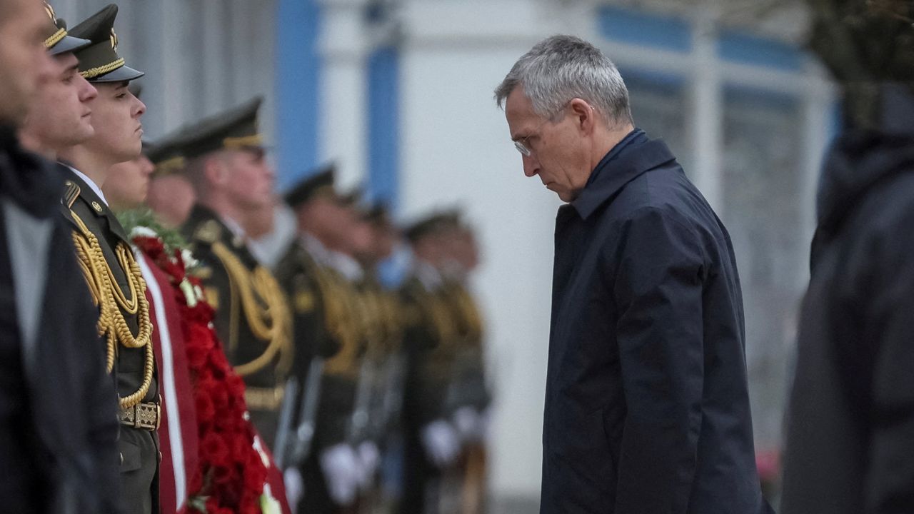 NATO Secretary General Jens Stoltenberg visits the Wall of Remembrance to pay tribute to fallen Ukrainian soldiers in Kyiv on April 20, 2023. 