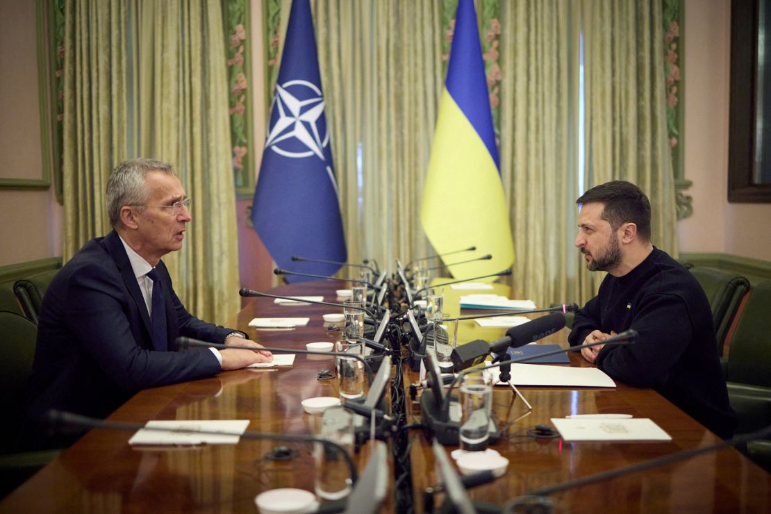 NATO Secretary-General Jens Stoltenberg (left) and Ukraine's President Volodymyr Zelensky meet in Kyiv, Ukraine, on April 20, 2023.