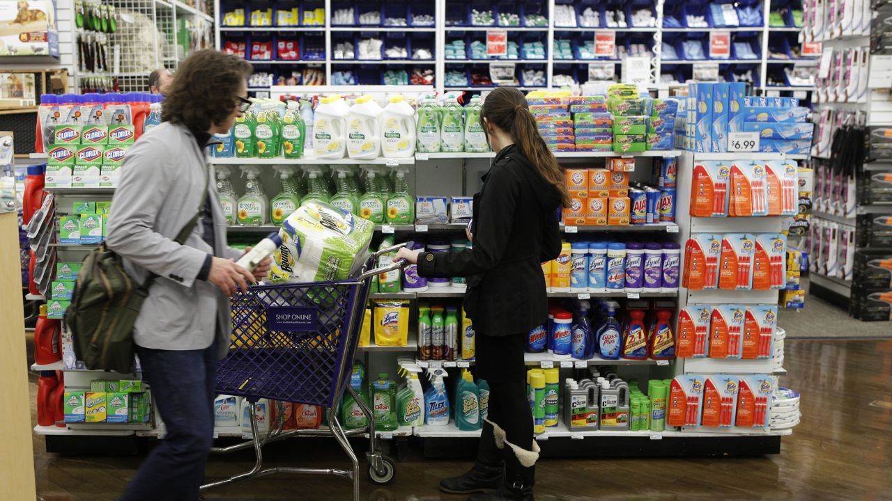 Shoppers inspect cleaning supplies while shopping inside of a Bed Bath & Beyond store in New York April 13, 2011.