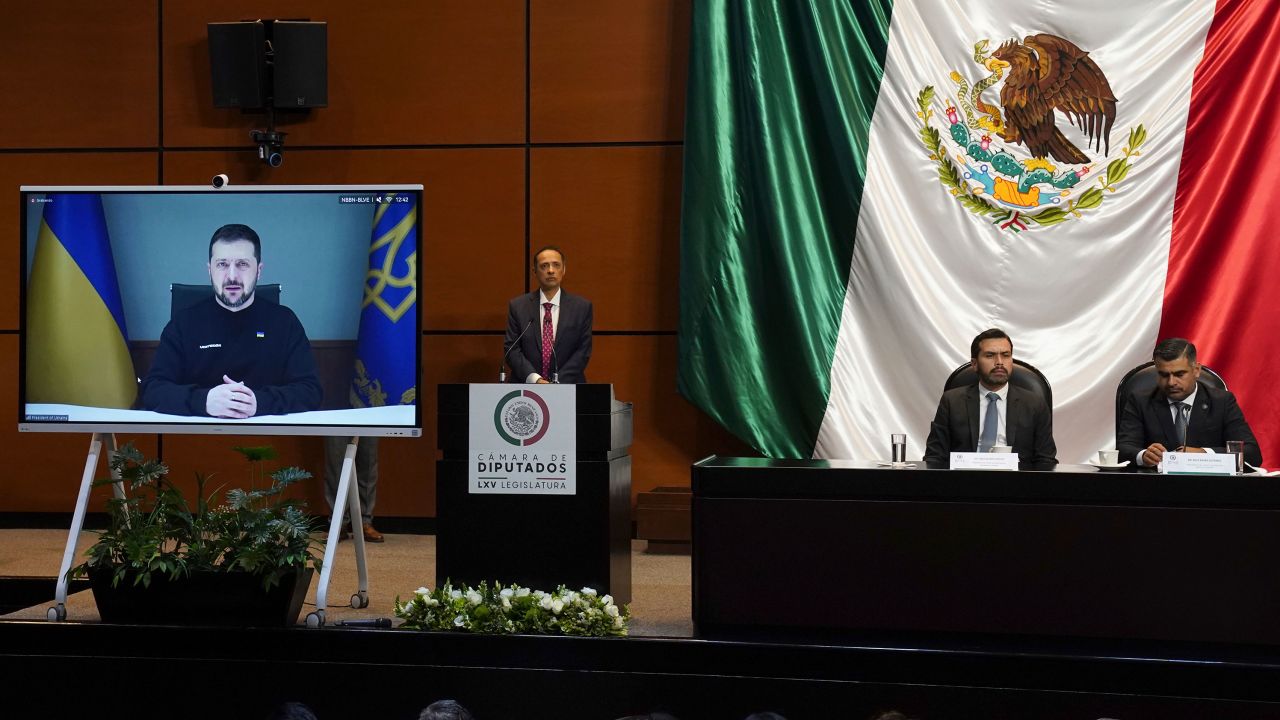 Ukraine's President Volodymyr Zelensky addresses Mexico's Congress virtually in Mexico City.