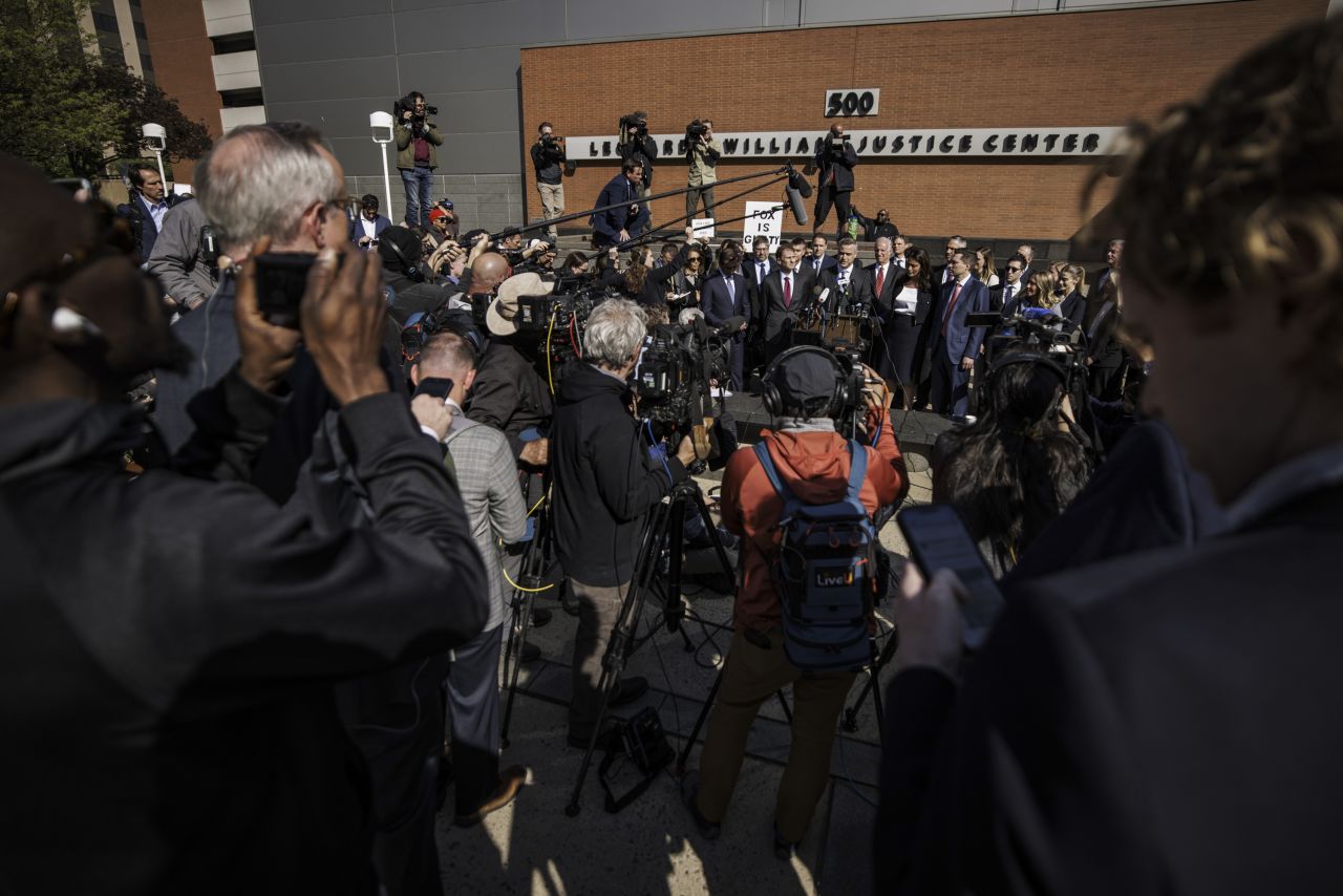 John Poulos, the CEO of Dominion Voting Systems, speaks during a news conference in Wilmington, Delaware, on Tuesday, April 18. "Fox has admitted to telling lies about Dominion that caused enormous damage to my company, our employees, and the customers that we serve," Poulos said outside Delaware Superior Court.