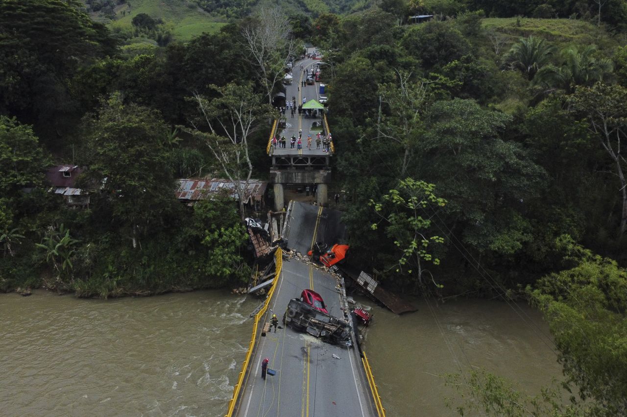 The Alambrado bridge is seen on Thursday, April 13, a day after it collapsed in Caicedonia, Colombia. Two police officers were killed in the collapse. Its cause is still under investigation.