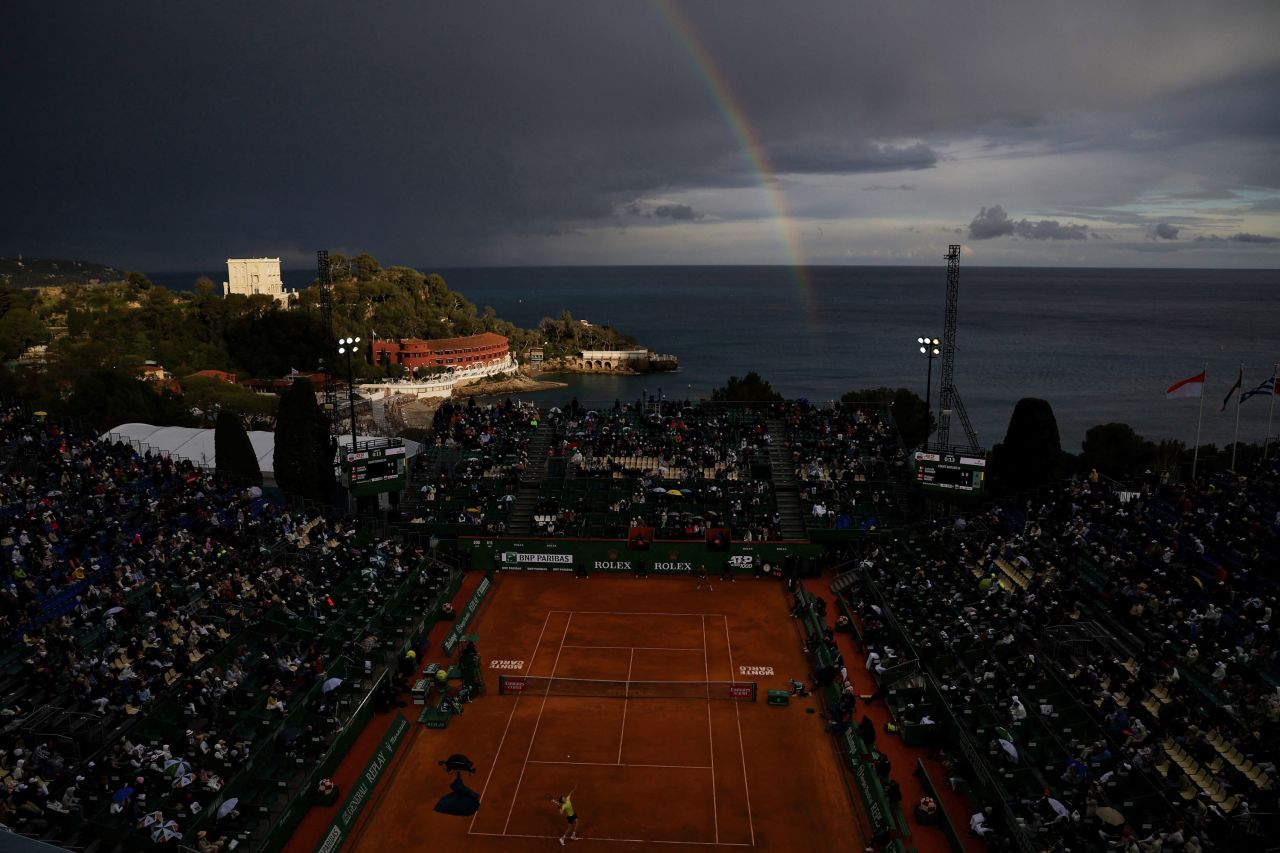 A rainbow is seen in Monte Carlo, Monaco, as a professional tennis event takes place on Saturday, April 15.