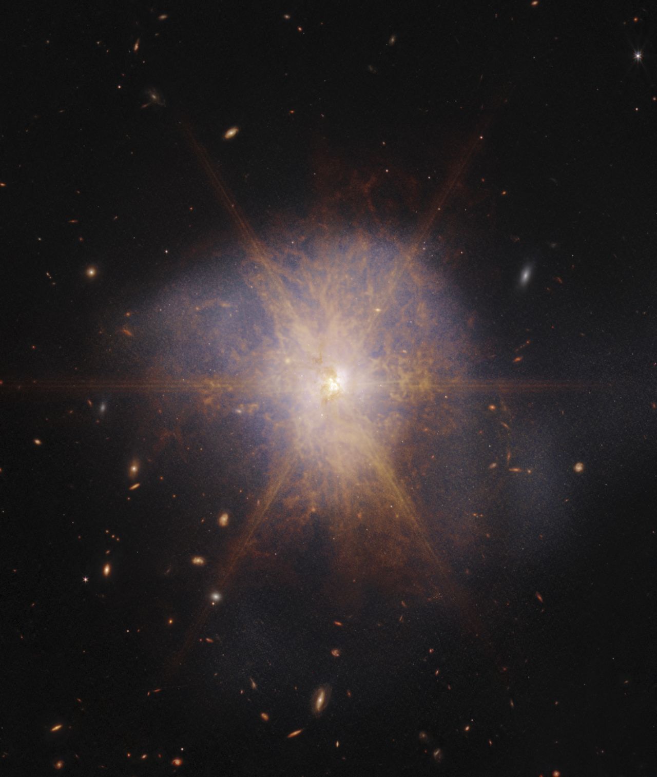 This image, taken by the James Webb Space Telescope and released on Monday, April 17, captures a bright burst of star formation that was triggered by <a href="https://www.cnn.com/2023/04/17/world/webb-telescope-starburst-galaxy-merger-scn/index.html" target="_blank">two spiral galaxies crashing into each other</a>. The colliding galleries, known collectively as Arp 220, generated an infrared glow containing the light of more than 1 trillion suns.