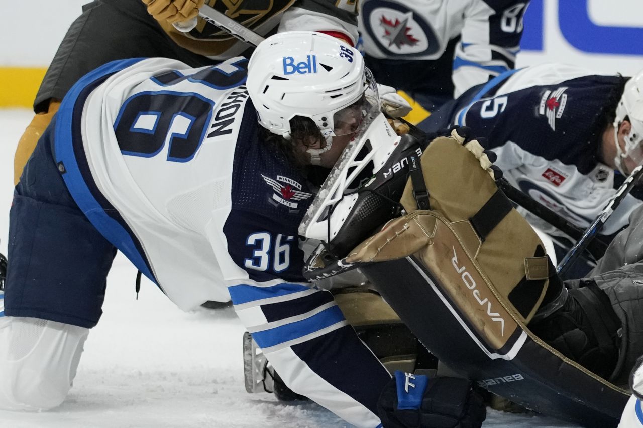 Winnipeg Jets center Morgan Barron gets his face cut by the skate of Vegas goaltender Laurent Brossoit during an NHL playoff game on Tuesday, April 18. <a href="https://www.espn.com/nhl/story/_/id/36230645/jets-c-barron-returns-game-1-taking-skate-face" target="_blank" target="_blank">Barron needed more than 75 stitches</a> but returned to the game.