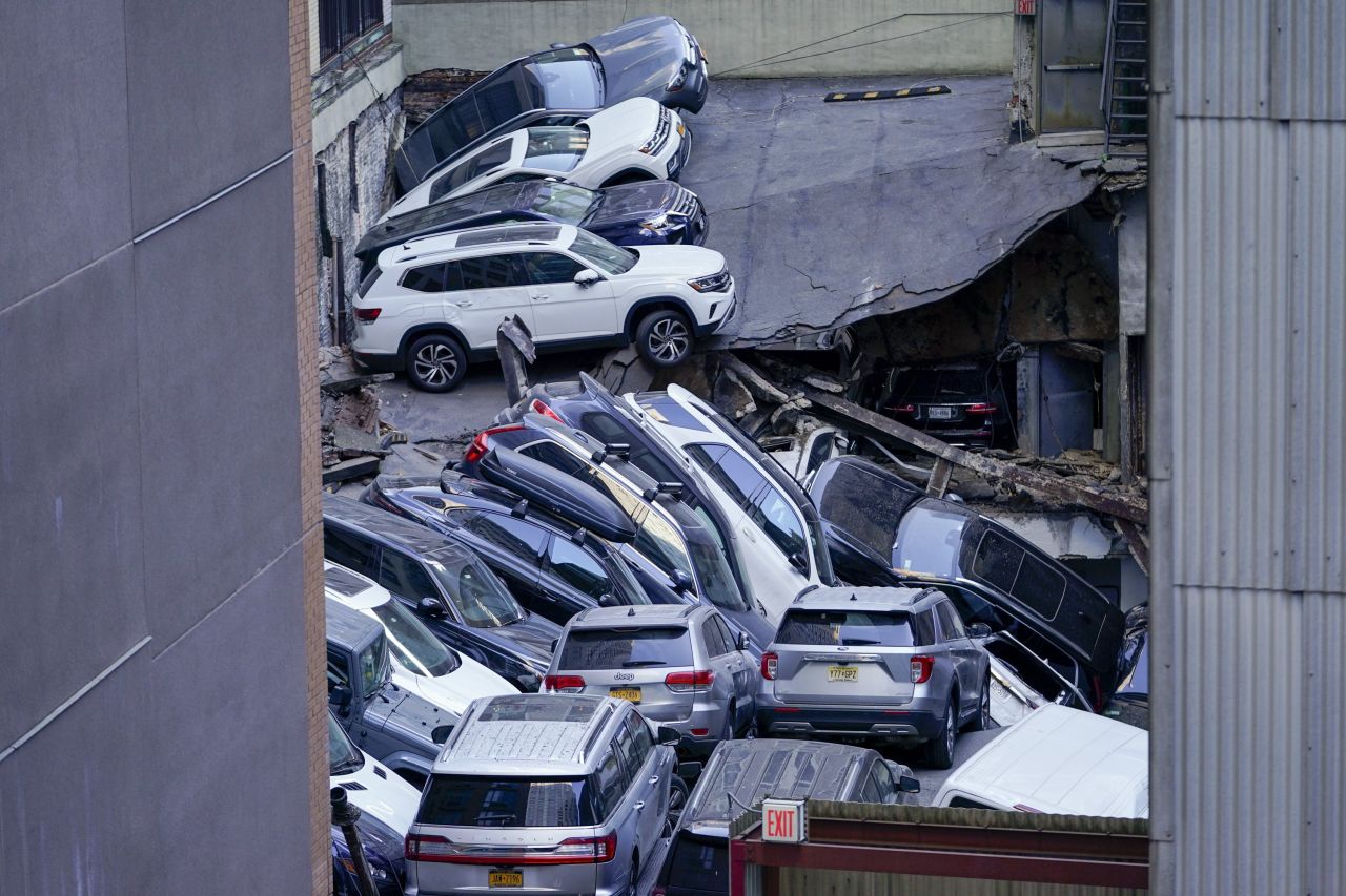 Cars are piled on top of one another after a <a href="https://www.cnn.com/2023/04/18/us/parking-garage-collapse-new-york-lower-manhattan/index.html" target="_blank">parking garage collapsed</a> in New York City on Tuesday, April 18. One person was killed and five people were injured.