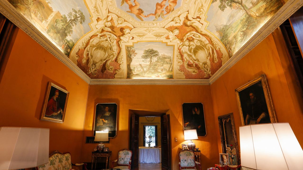 A general view shows a room, with frescoes on the ceiling by Italian artists including Guercino and Domenichino, inside Villa Aurora.