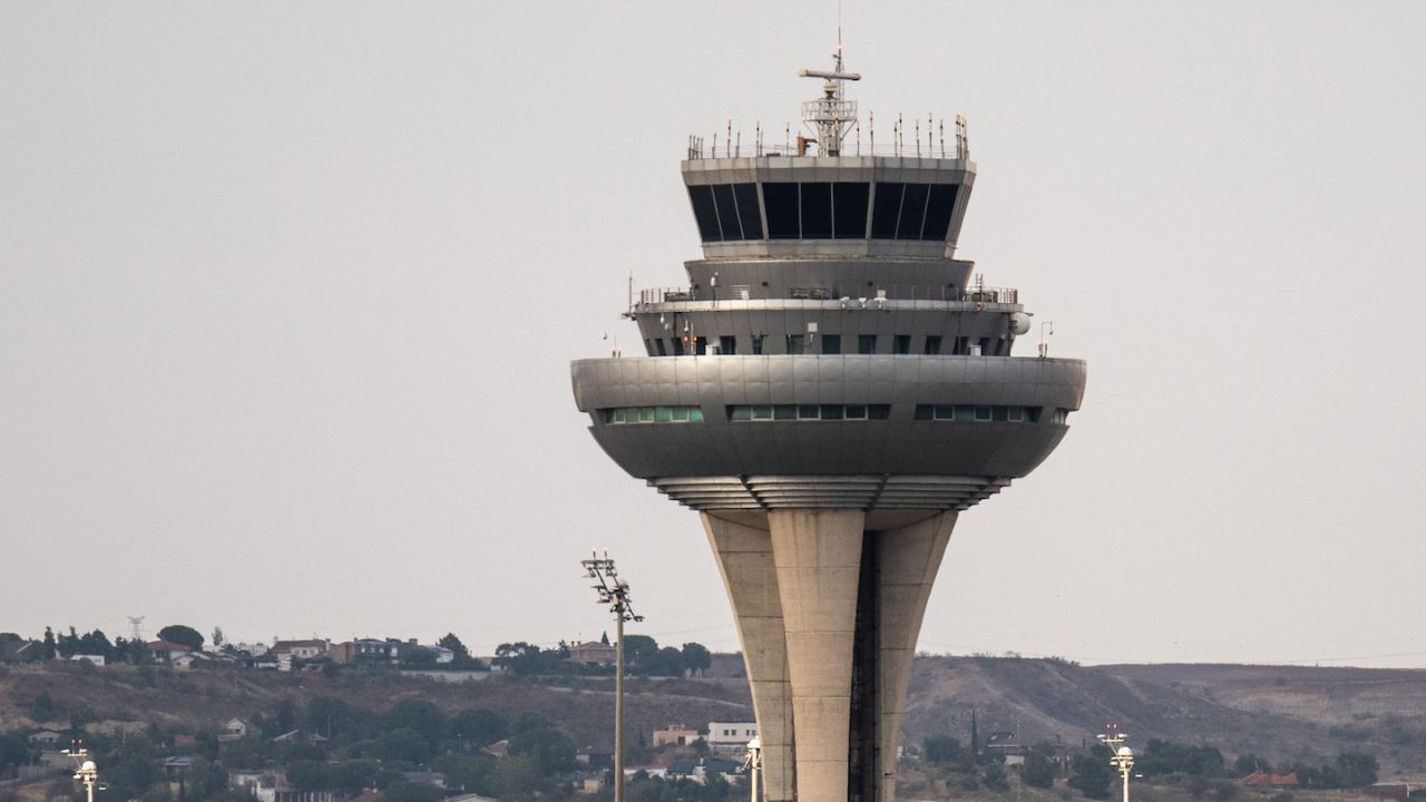 MADRID, SPAIN - 2022/08/02: A Ryanair airplane in seen on the runway at Adolfo Suarez Madrid Barajas Airport passing by the air traffic control tower. (Photo by Marcos del Mazo/LightRocket via Getty Images)