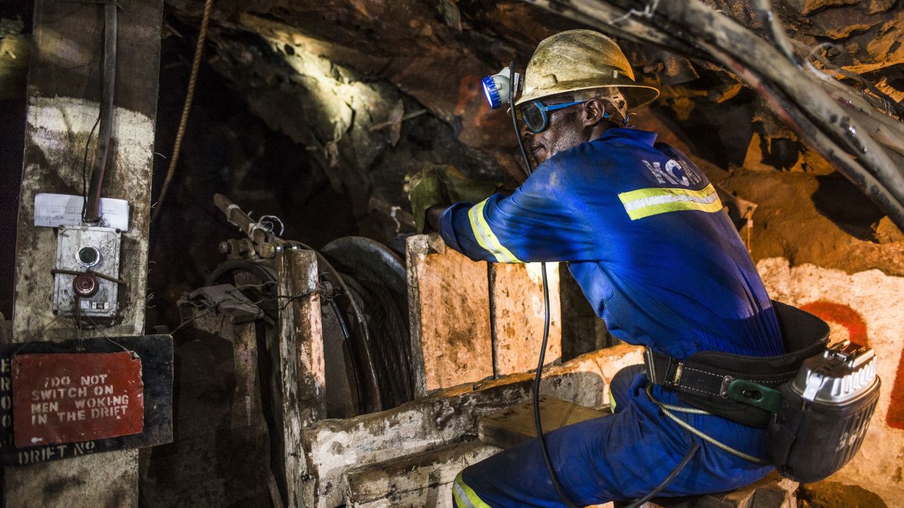 A miner uses a machine to excavate copper ore in an underground tunnel at the Nchanga copper mine, operated by Konkola Copper Mines, in Chingola, Zambia, in 2016.