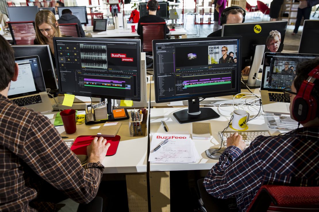 Video editing inside the newsroom of the Los Angeles headquarters of the website Buzzfeed.com, in October 2013. 