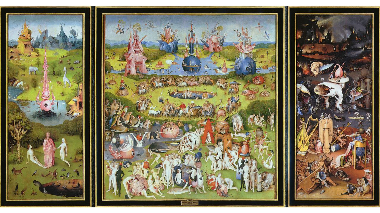 Hieronymus Bosch's "The Garden of Earthly Delights" shows the creation of the Garden of Eden, how humans enjoyed themselves, and then Hell. 