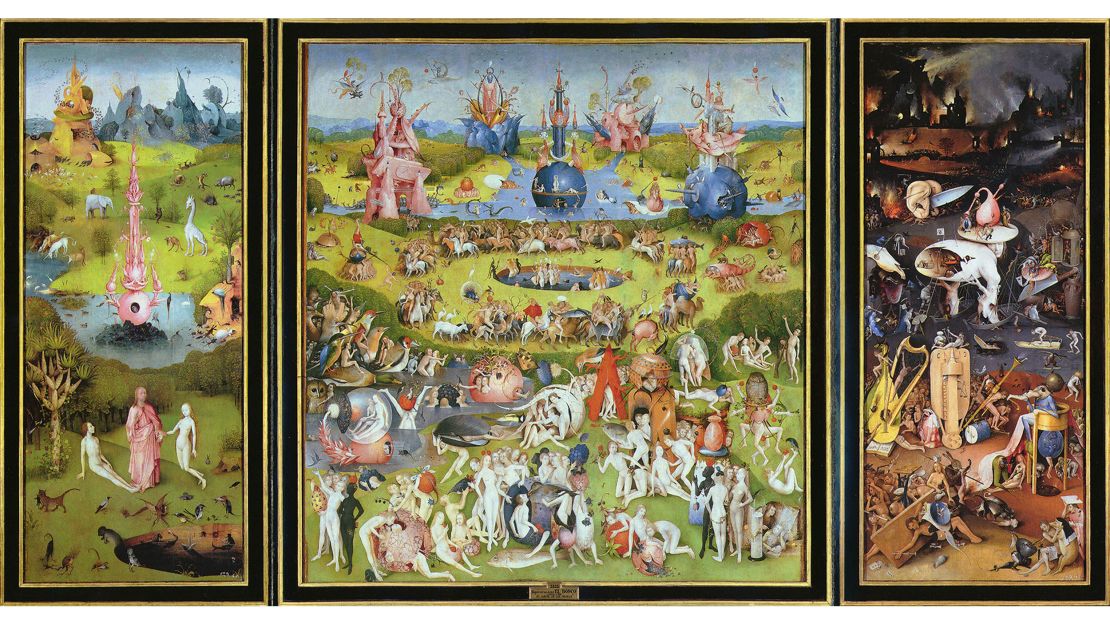 Hieronymus Bosch's "The Garden of Earthly Delights" shows the creation of the Garden of Eden, how humans enjoyed themselves, and then Hell. 