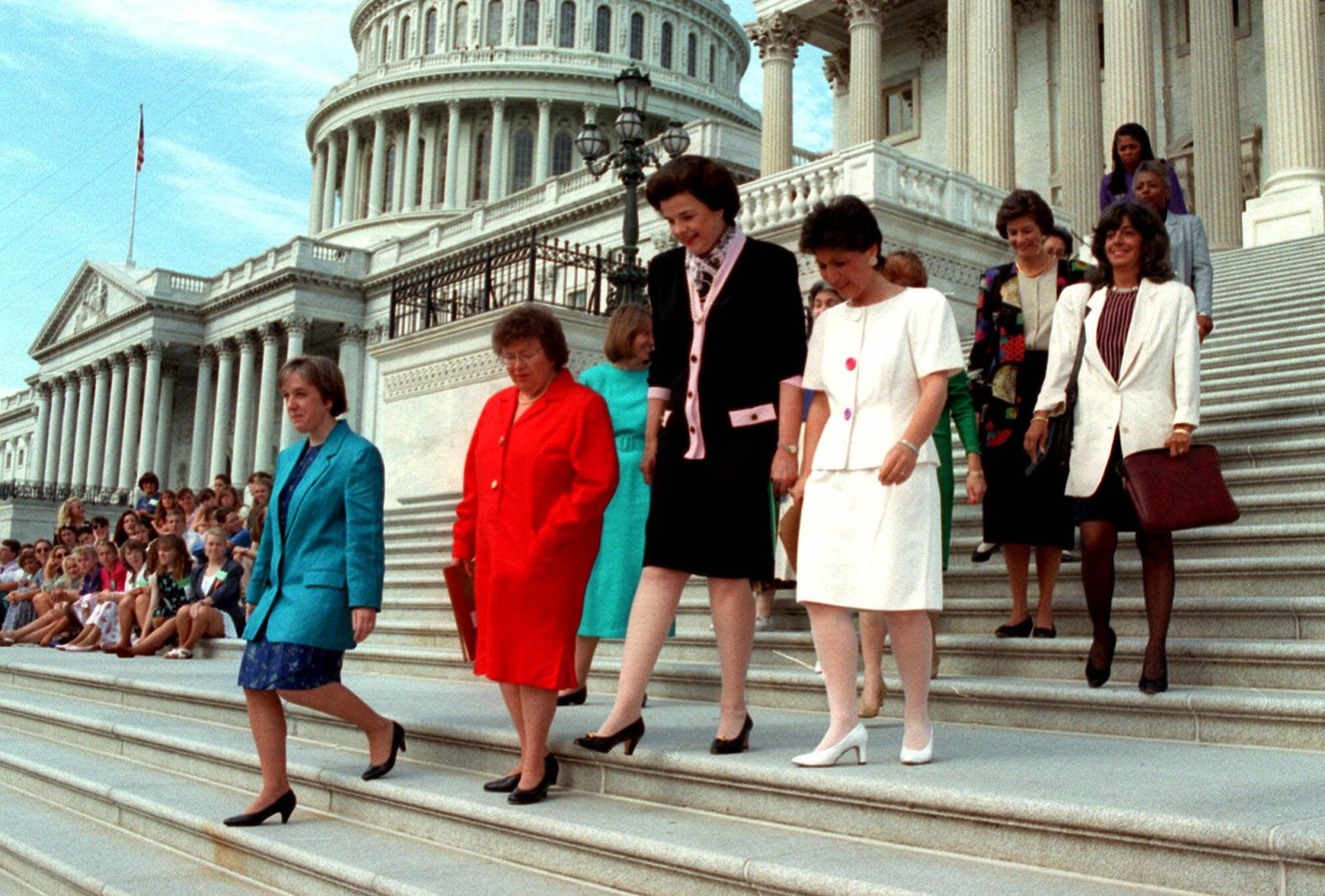 Feinstein joins a group of women senators and others on the steps of the Capitol to announce their opposition against restrictions on abortion coverage in federal appropriations bills in 1993.