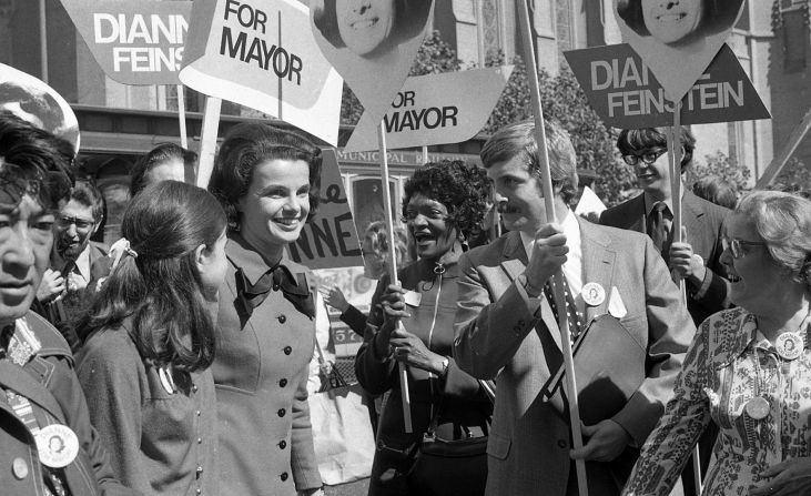 Feinstein attends a campaign event for her mayoral run in San Francisco in 1971. She lost her bid for mayor that year and in 1975, but took on the title in 1978 after Mayor George Moscone and Supervisor Harvey Milk were assassinated. She served as mayor until 1988.