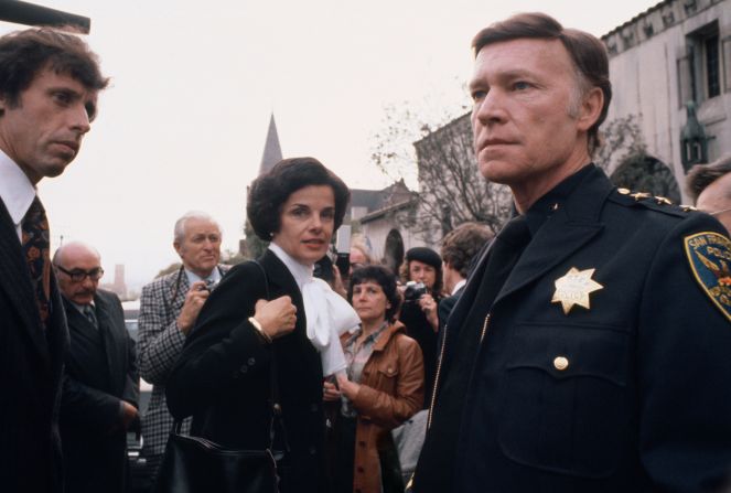 Feinstein attends a memorial service for assassinated Supervisor Harvey Milk in San Francisco in 1978.