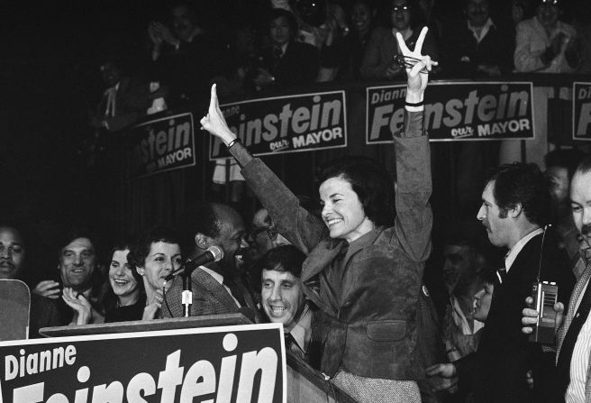 Feinstein takes the stage after being elected as mayor of San Francisco in December 1979, defeating challenger Quentin Kopp.