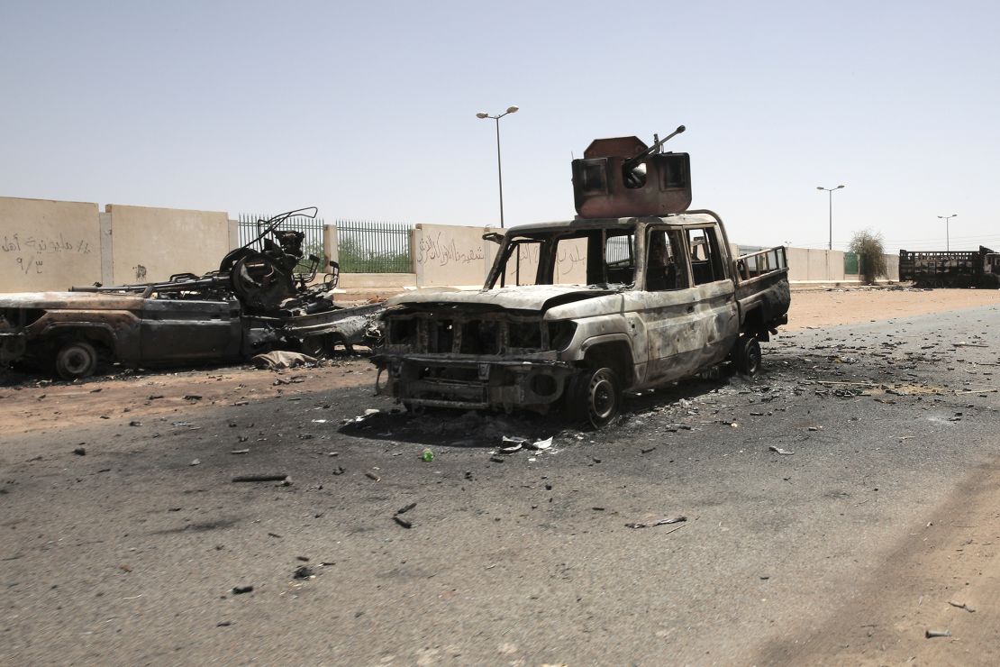 Destroyed military vehicles in Khartoum on Thursday, the sixth day of fighting.