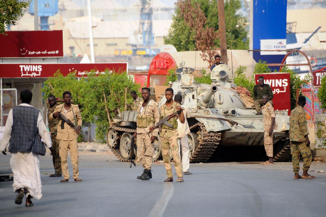 Sudanese army soldiers, loyal to army chief Abdel Fattah al-Burhan, man a position in the Red Sea city of Port Sudan.