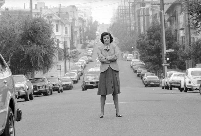 Feinstein poses in the middle of Steiner Street in San Francisco in 1981.